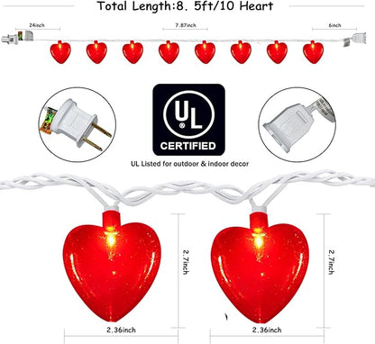 Red Heart Lights, 8.5Ft Valentine's Day Lights with 10 Red Glitter Hearts, Plug-In String for Indoor Party Decor