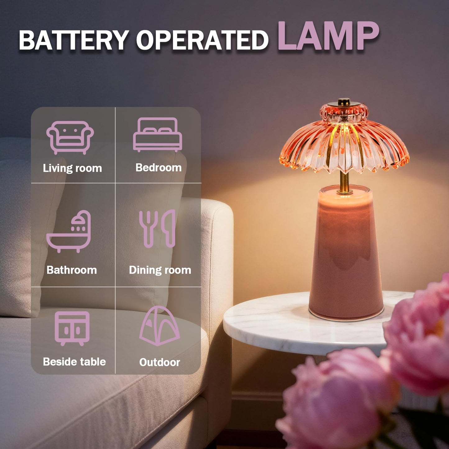 MJ PREMIER Cordless Lamp, Battery Operated Lamp with Timer, Crystal Glass Flower Lampshade, Small Table Lamps, Decorative Led Light for Bedroom Living Room Shelf (L-Pink)