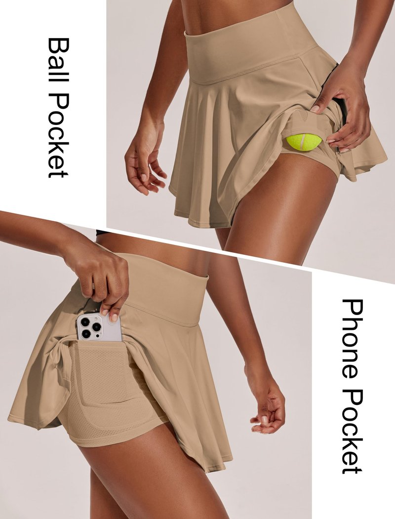 PINSPARK Pleated Golf Skirts for Women Tummy Control Tennis Skort Flowy Activewear Skorts Summer Plus Size Khaki XXL