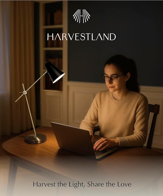 HarvestLand HaloBar Reading Lamp – Black and Brass Desk Lamp, for Home Office, Industrial Table lamp with Solid Base for Study and Reading, Bedside Table and Architect Desk Lamp