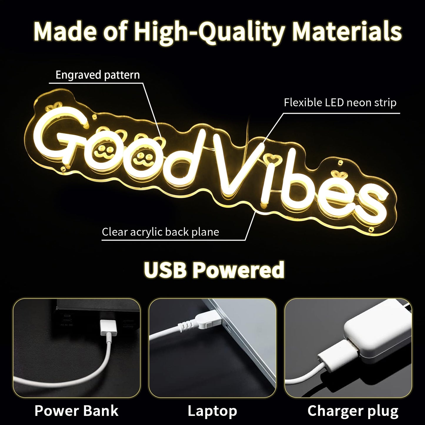 Enuoli Good Vibes Neon Sign for Wall Decor, Cute Cartoon Good Vibes Neon Lights Sign for Wall Decor, USB Operated LED Sign for Bedroom, Party, Bar, Salon - Best Gifts for Birthday, Christmas(Warm White)
