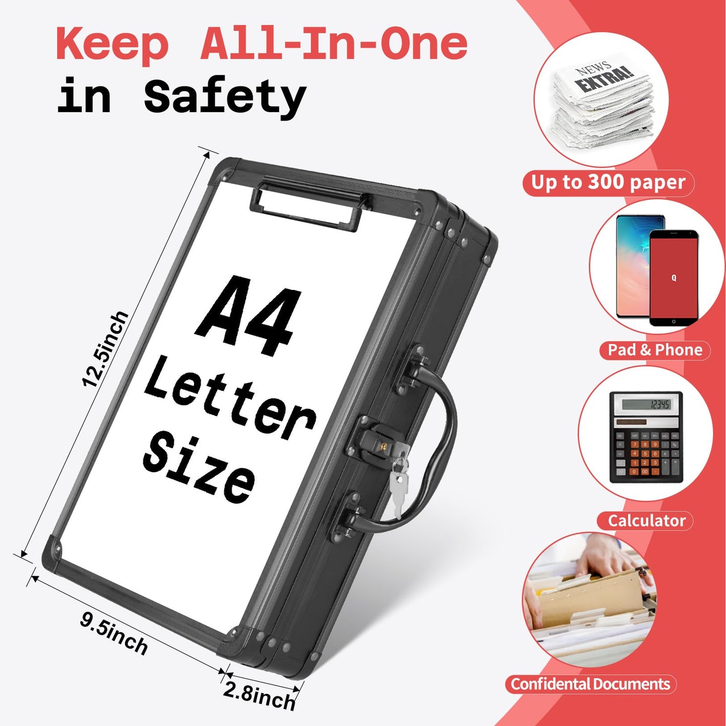 Sooez Key Lock Clipboard Storage Box, Heavy Duty Clipboard with Storage, Metal Locking Box with Handle, Lock Box Maximum Security - Holds Letter Size Paper, 12.5 x 9.5 inch, Black