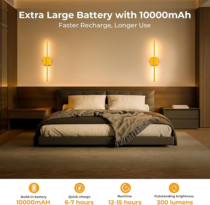 10000mAh Battery Operated Wall Sconce Detachable, Wireless Wall Lamp 3000-6500K Dimmable, Modern Rechargeable Wall Light for Bedroom, Living Room, 28.3" Gold (1 Pack)