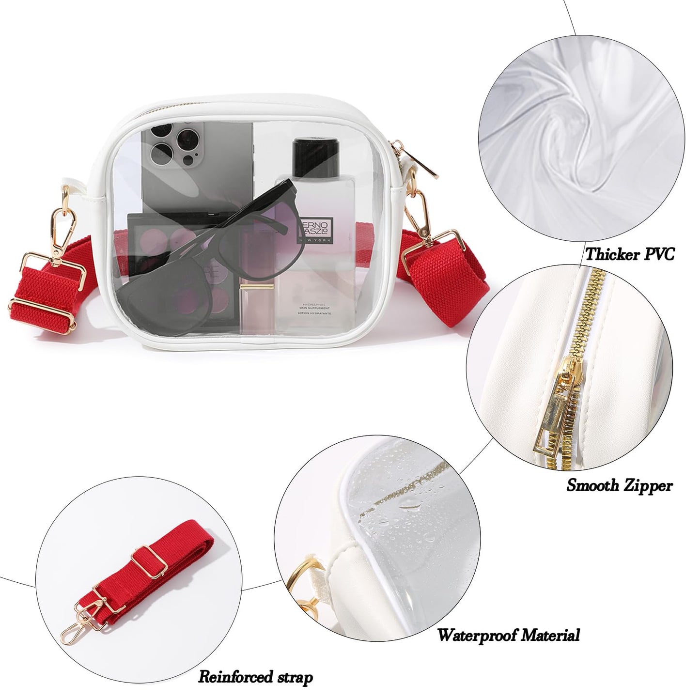 TOBVZOO Clear Purse Crossbody Bag for Women Stadium Approved, Small Leather Clear Bag with Adjustable Strap for Concert Sports Events (White - Red Striped Strap)