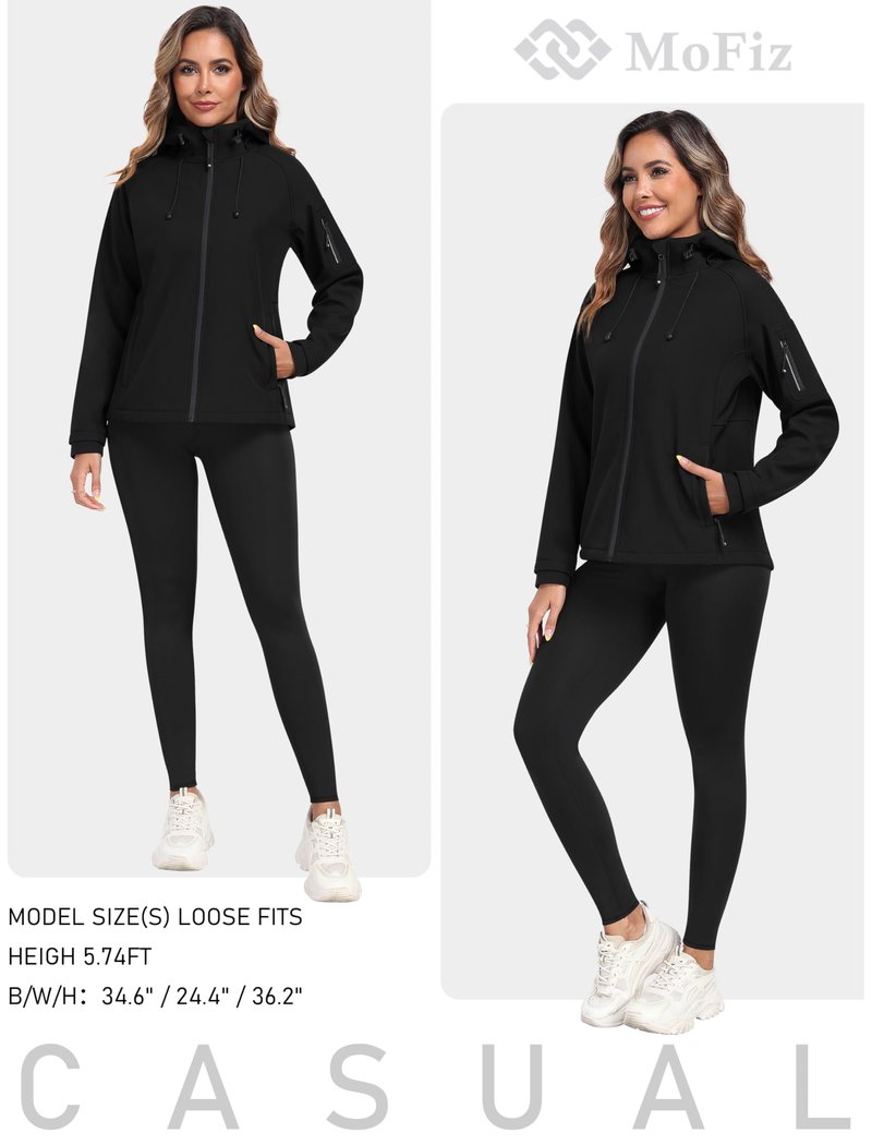 MoFiz Women's Softshell Jacket Fleece Lined Warm Jacket Lightweight Hooded Windproof Coat for Outdoor Hiking Black L