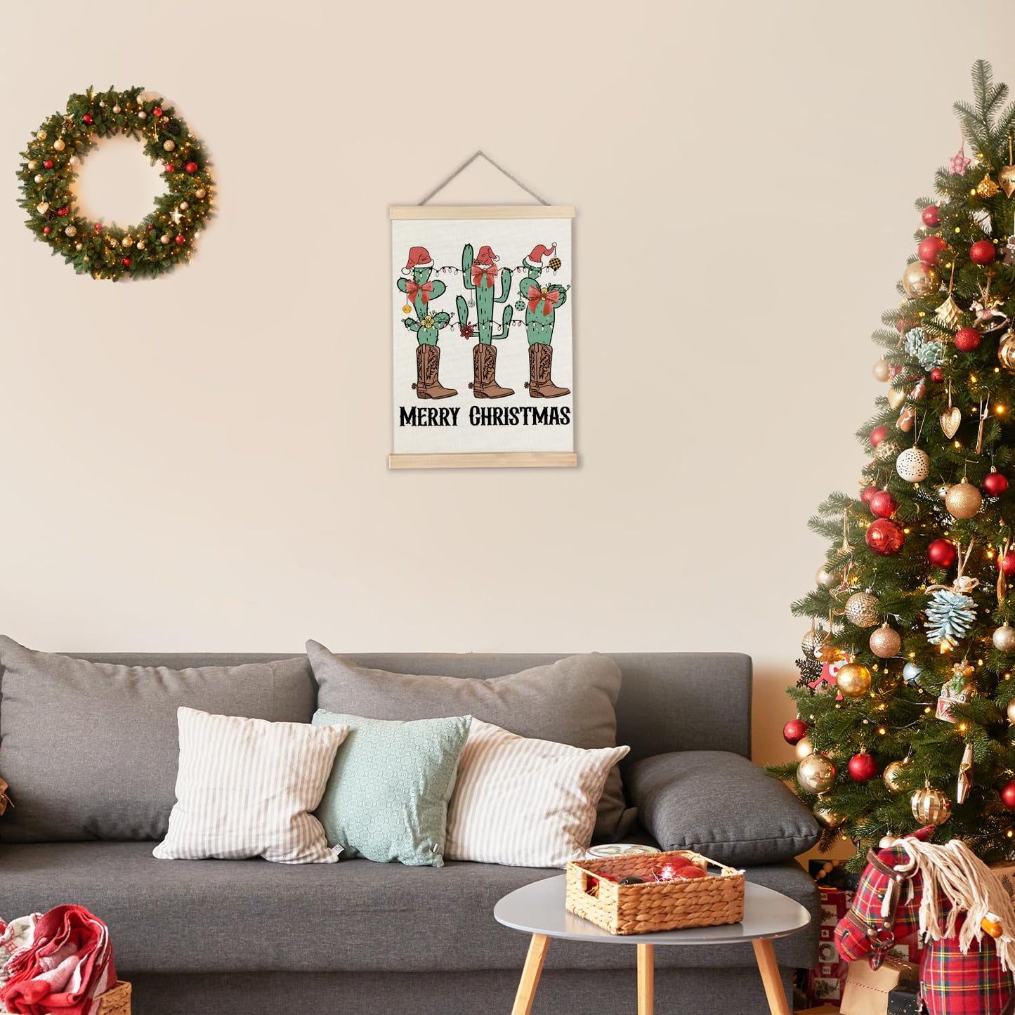 Western Christmas Wall Decor, Christmas Red Bow Cactus Cowboy Boots Wall Art With Wooden Poster Hanger, Christmas Wall Decoration, Western Christmas Wall Art Decor for Home Office, 12x16 Inch