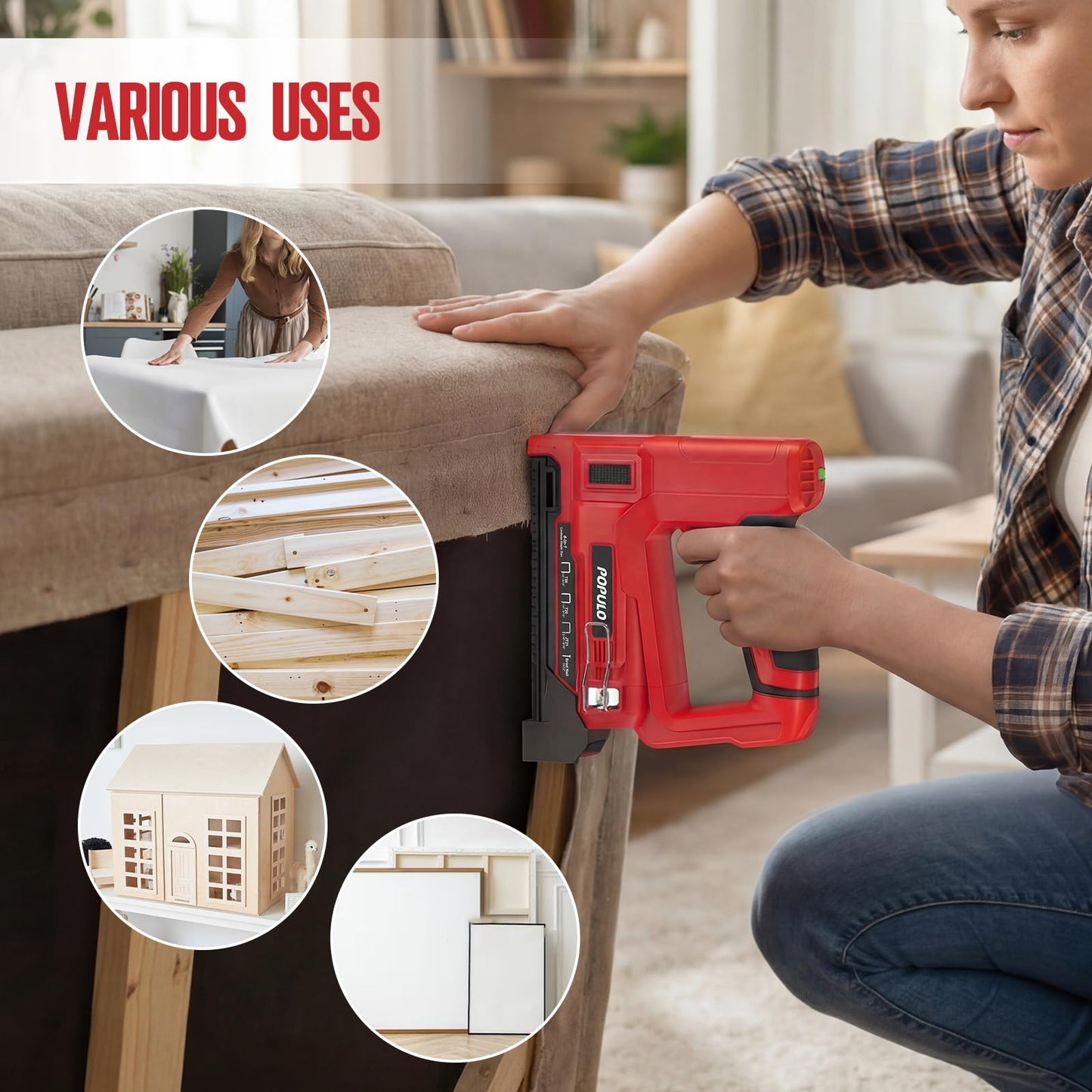 POPULO Electric Staple Gun 4 in 1 Cordless Stapler, 4V Rechargeable Band Nailer, Nail Gun Battery Powered with 2,000 Staples and Nails, Power Tacker Staple Gun for Wood, Upholstery, DIY