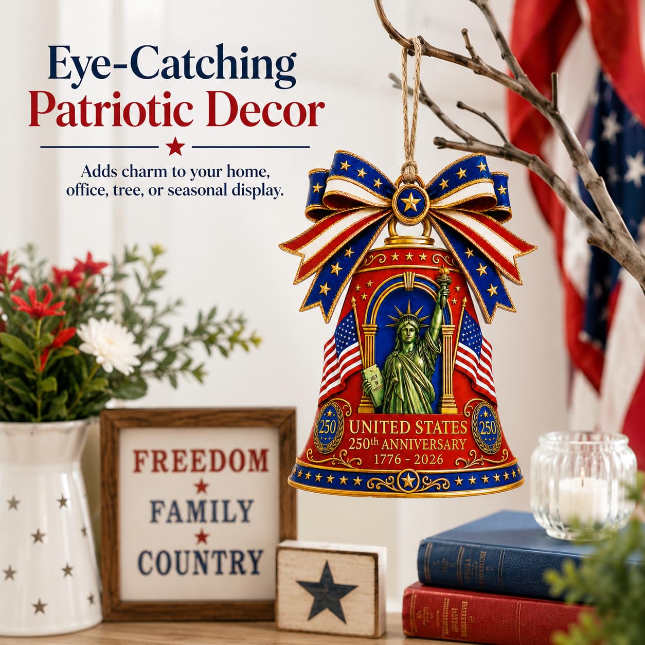 Red Wooden Liberty Bell 250 Anniversary USA Ornament, USA 250th Anniversary Merchandise, Fourth of July Decorations, Patriotic Decor, USA 250th Anniversary 4th of July Gifts, USA 250th Birthday Gifts