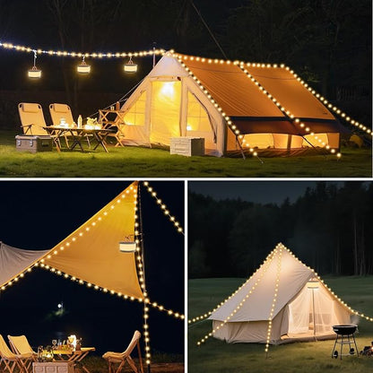 Camping String Lights, 3 in 1 Outdoor Camping Light with 6 Lighting Modes, Quick Storage 32.8FT Rechargeable Tent Lantern, Portable LED Hanging Light for Outdoor Patio Awning Garden Party