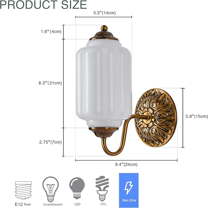 Vintage Brass Wall Sconce Light Fixture with Milk White Glass Shade, Retro Glass Wall Lamp, Indoor Wall Light for Bedroom, Living Room, Hallway
