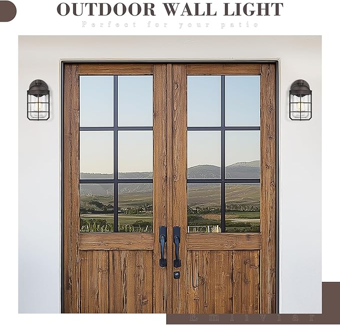 Emliviar 2 Packs Outdoor Wall Lamps, Patio Wall Lighting Waterproof with Clear Tempered Glass, Vintage Exterior Lights in Oil Rubbed Bronze Finish, GE255BL-2PK ORB