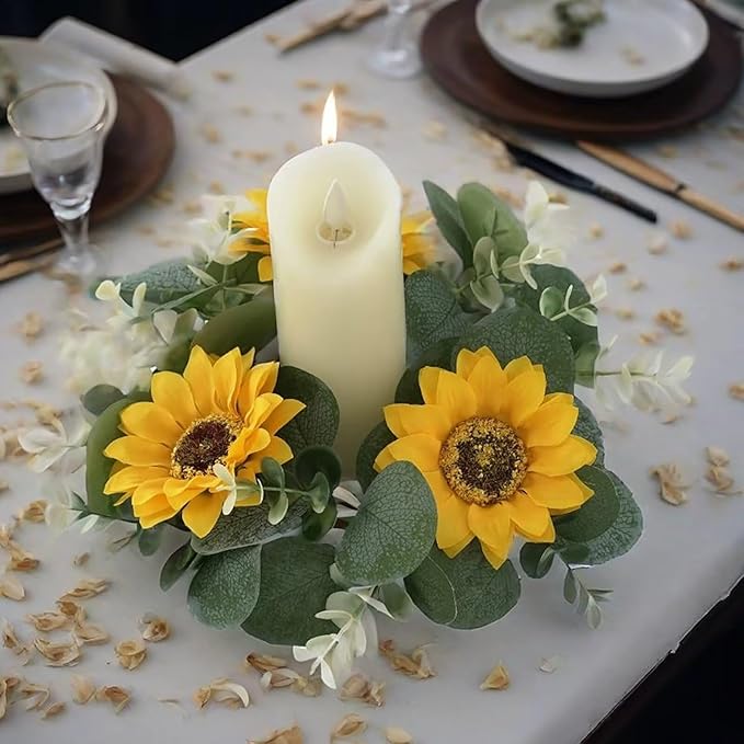 2 Pcs Artificial Sunflower Candle Rings, Fake Sunflower Candle Wreaths Ring Artificial Yellow Flower Leaves Wreath Fake Floral Candles Rings for Wedding Party Decorations