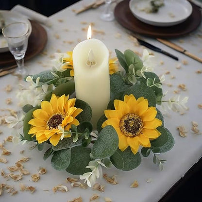 2 Pcs Artificial Sunflower Candle Rings, Fake Sunflower Candle Wreaths Ring Artificial Yellow Flower Leaves Wreath Fake Floral Candles Rings for Wedding Party Decorations