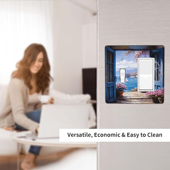 Decorative Art Light Switch Covers Seaside Window View 2 Gang Single Toggle Rocker Combination Electrical Faceplate Switchplate Wall Plate for Home Decor