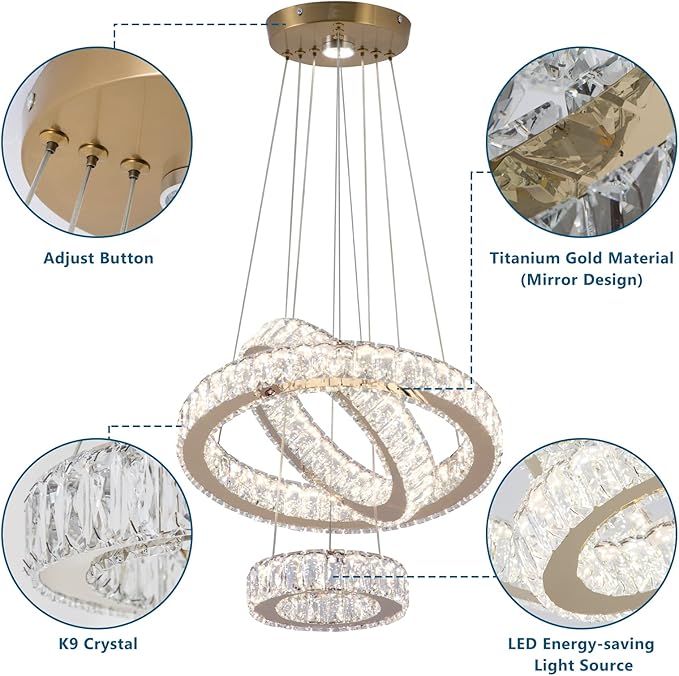 FRIXCHUR Dimmable Modern LED Chandelier 3 Ring Pendant Light Crystal Chandelier for Dining Room Living Room Bedroom,3 Colors Adjustable
