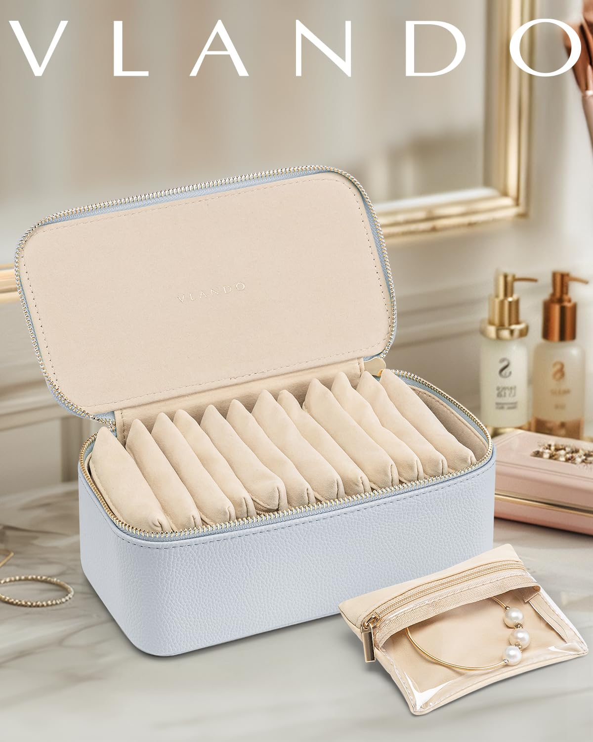 Vlando Jewelry Travel Case,Travel Jewelry Organizer with Clear Velvet Jewelry Bags 12Pcs Zipper Pouch for Women Girls-Baby Blue