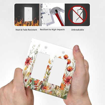 Watercolor Wild Flower Floral Double Rocker Light Switch Cover 2 Gang Outlet Wall Plate Decorative GFCI Switchplate Electrical Faceplate for Nursery Bedroom Bathroom Decor