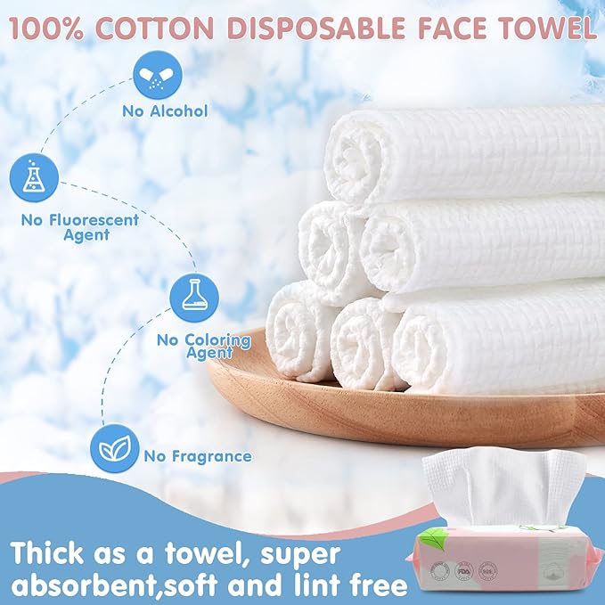 Disposable Face Towel Dry Wipes, 100% Cotton Facial Tissue, Lint Free Facial