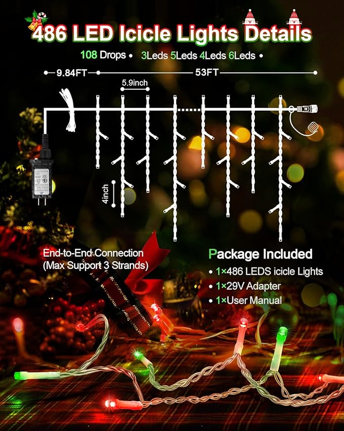 Christmas Lights Outdoor, 53 FT 486 LED Christmas Lights for Outside, Timer & Memory, Plug in 8 Modes Hanging Fairy Light with 108 Drops for House Eaves Yard Patio Decorations, Red Green