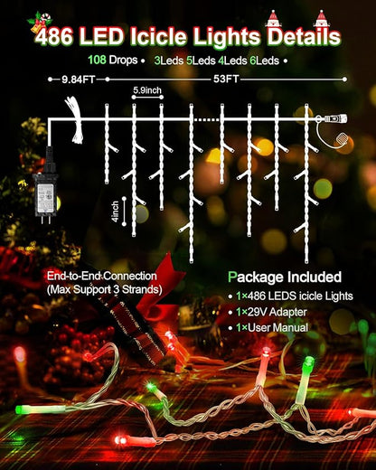 Christmas Lights Outdoor, 53 FT 486 LED Christmas Lights for Outside, Timer & Memory, Plug in 8 Modes Hanging Fairy Light with 108 Drops for House Eaves Yard Patio Decorations, Red Green