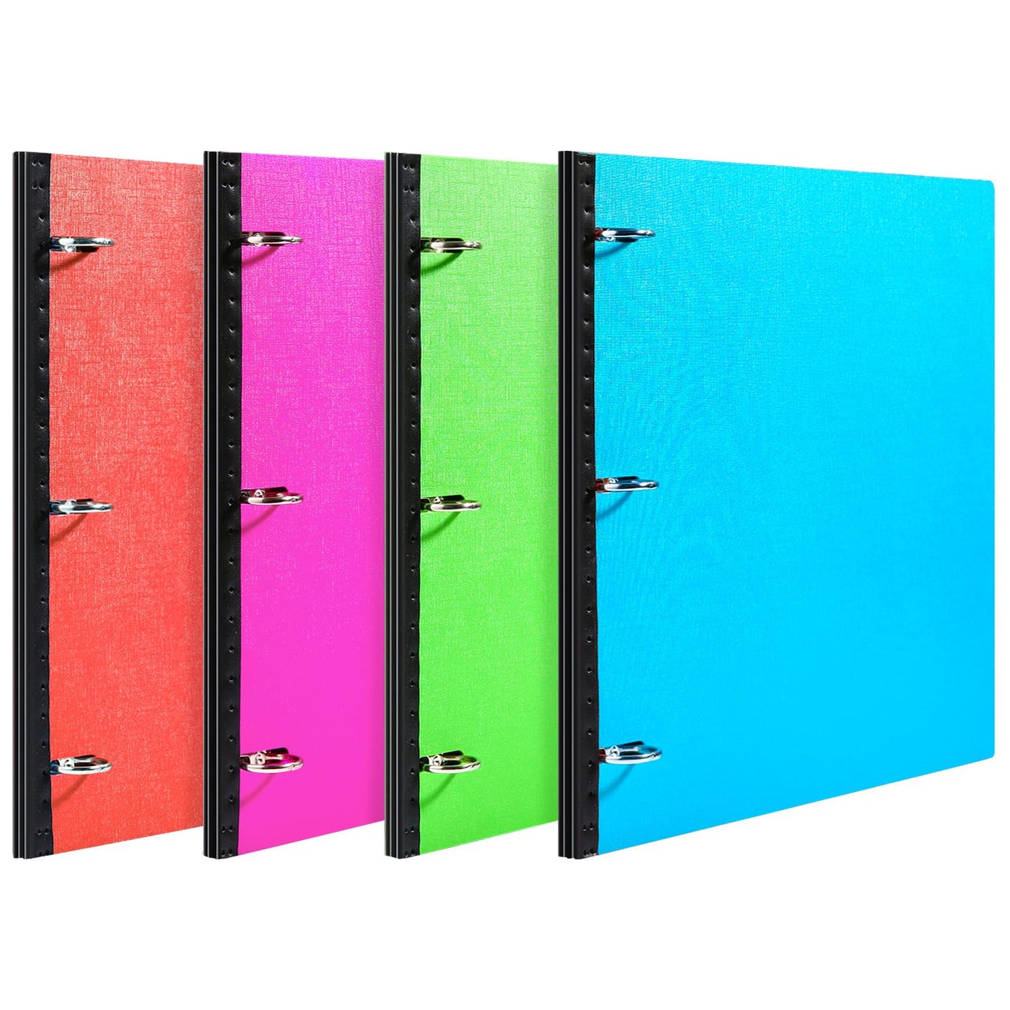 MAKHISTORY Telescoping 3 Ring Binder-4PCS, Flexible Binder with Elastic Rubble Spine+3 Round Rings, Flat Writing Binder, 4 Bright Colors