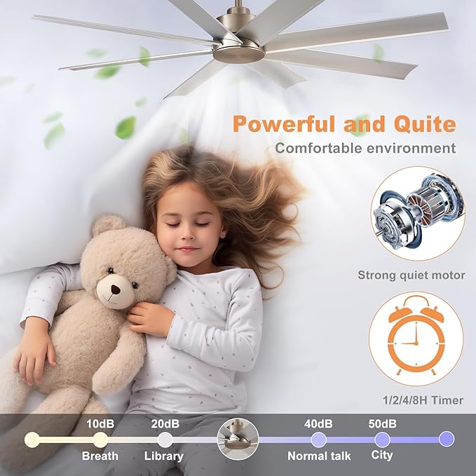Depuley 60-Inch Ceiling Fan No Light: 8-Blade Large Ceiling Fans with Remote Control - Ultra Quiet DC Motor Reversible Timer Brushed Nickel