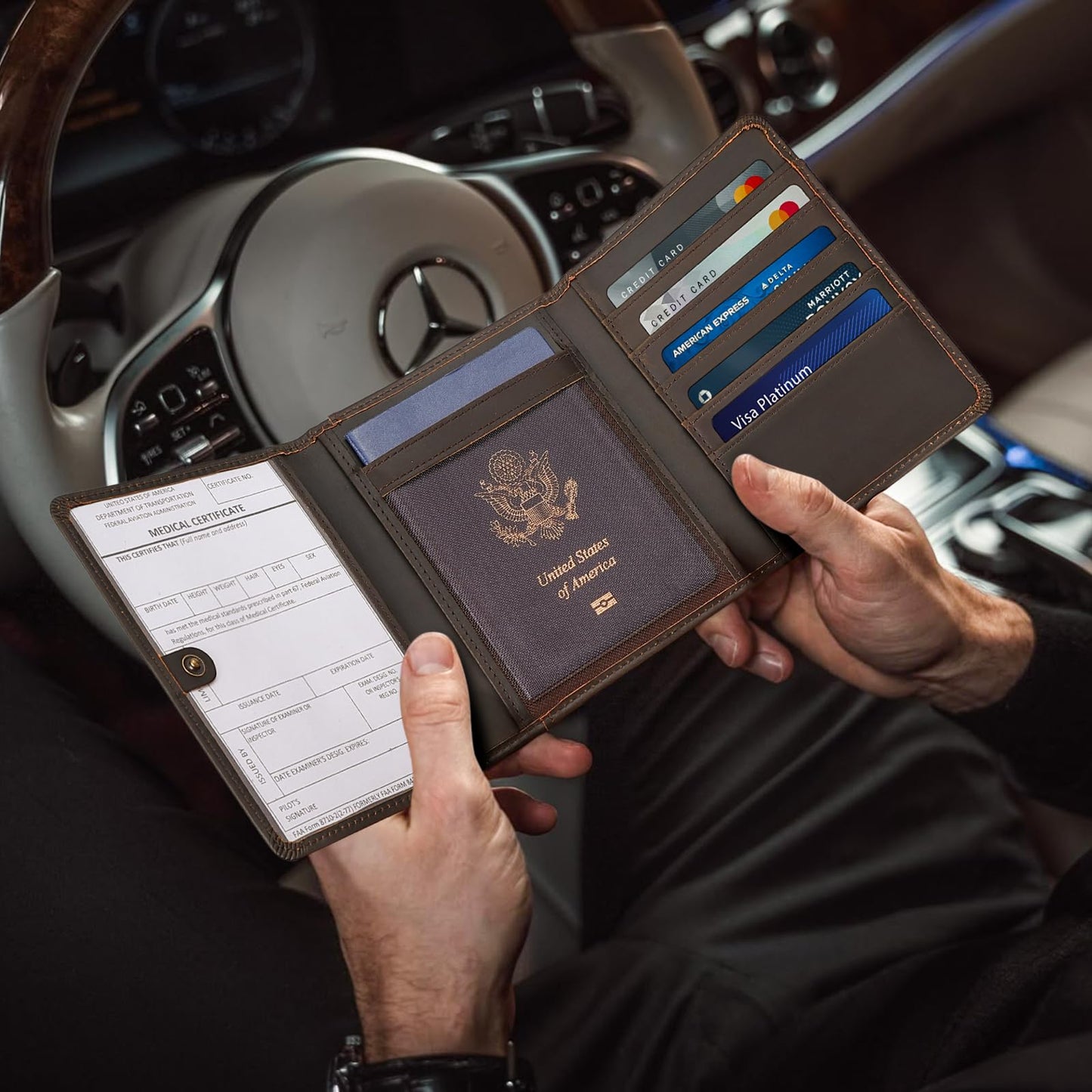 Polare Full Grain Leather Pilot Wallet Passport Holder RFID Blocking Trifold Wallet for Men Travel Cover Document Organizer for Aviation Professionals