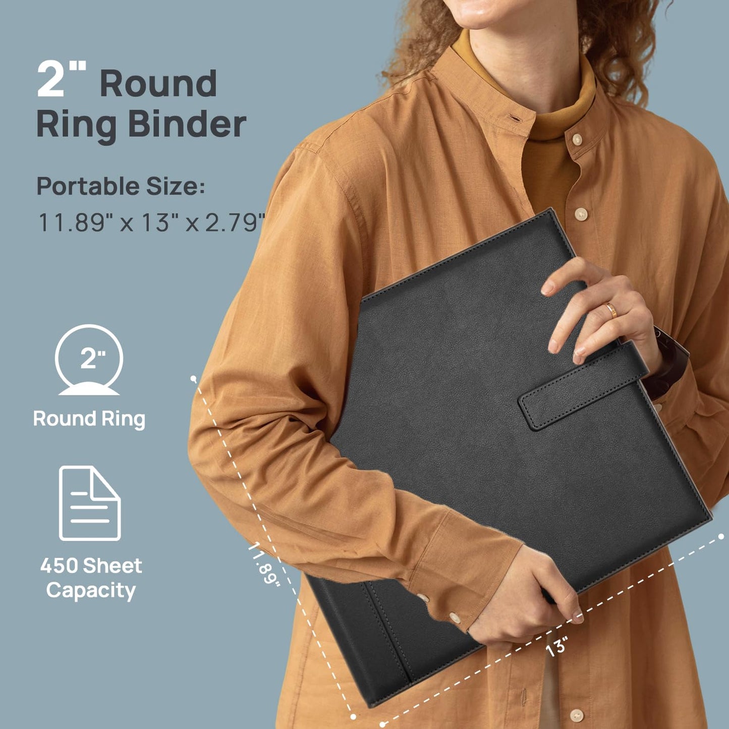 POPRUN PU Leather 2 Inch 3 Ring Binder, Professional Business Organizer- Includes PP Dividers, 100GSM / Grade AA Filler Papers, Card &Sticker for Tab- Ideal for Office Presentation Meetings, Black