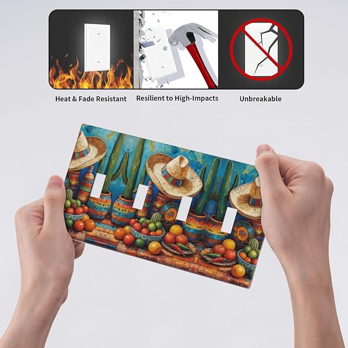 Decorative Art Light Switch Covers Mexican Sombrero & Serape Vibes Quad Toggle 4 Gang Wall Plate Switch plate Electrical Faceplate for Home Decor