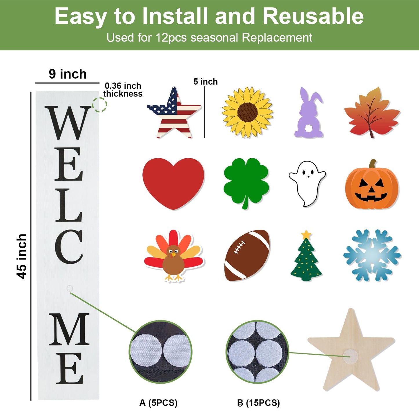 Interchangeable Wooden Porch Welcome Sign with 12 Interchangeable Icons 45"X9" Large Standing Hanging Seasonal Home Decor for Porch Wall Yard Decorations (White)
