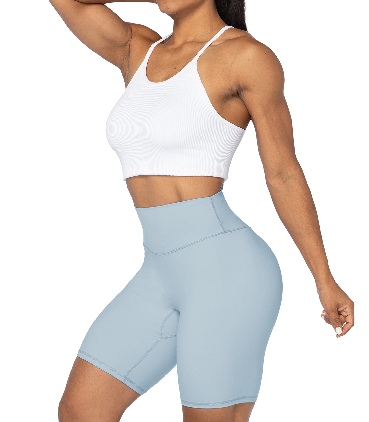 Sunzel 8" High Waist Biker Shorts for Women No Front Seam Soft Yoga Workout Gym Bike Shorts Tummy Control Squat Proof Light Blue
