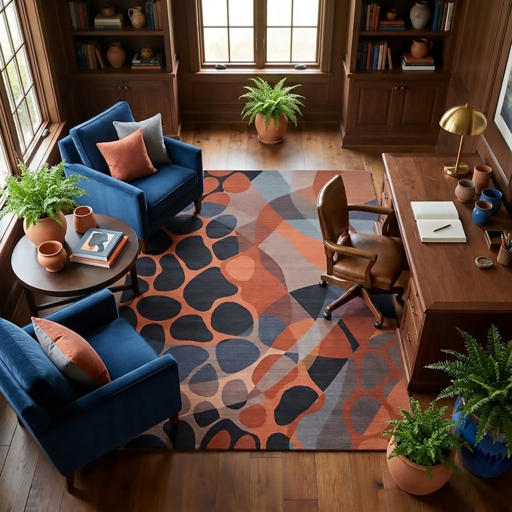 GraceSway 5x7 Area Rug, Modern Abstract Rock Pebble Patterns, Rust Orange Grey and Charcoal Rug, Machine Washable, Non-Slip, Foldable Carpet for Living Room Bedroom
