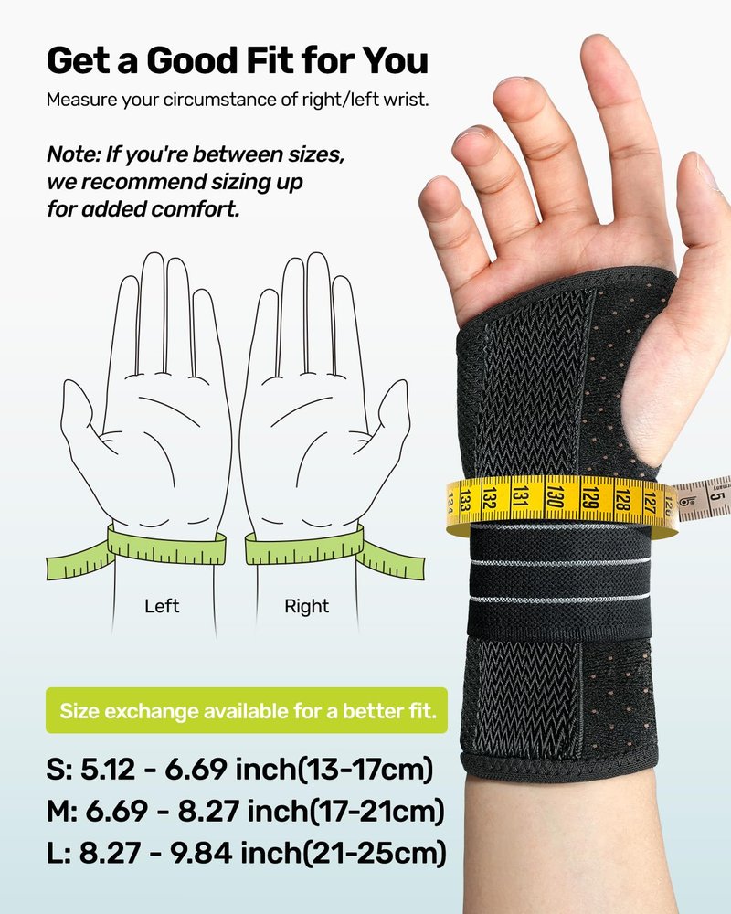 Rakiie Carpal Tunnel Wrist Brace Left Hand, Adjustable Night Wrist Support with 3 Metal Splints, Hand Brace for Men Women No Pressure on Thumb, Splint Stabilizer for Work, Arthritis, Gray Large