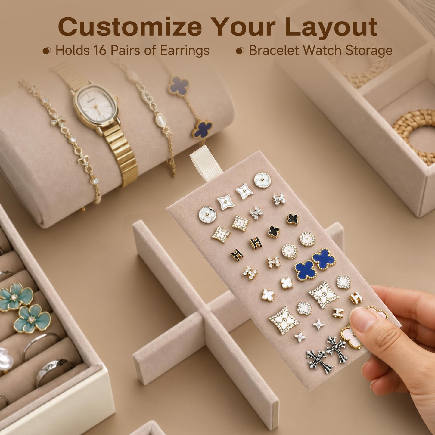 DUMIROICS 360° Rotating 5‑Drawers Jewelry Box with Top Handle & Glass Window, Spacious Vertical Jewelry Organizer, Jewelry Storage Case, Dustproof & Moisture‑resistant Design. (White)