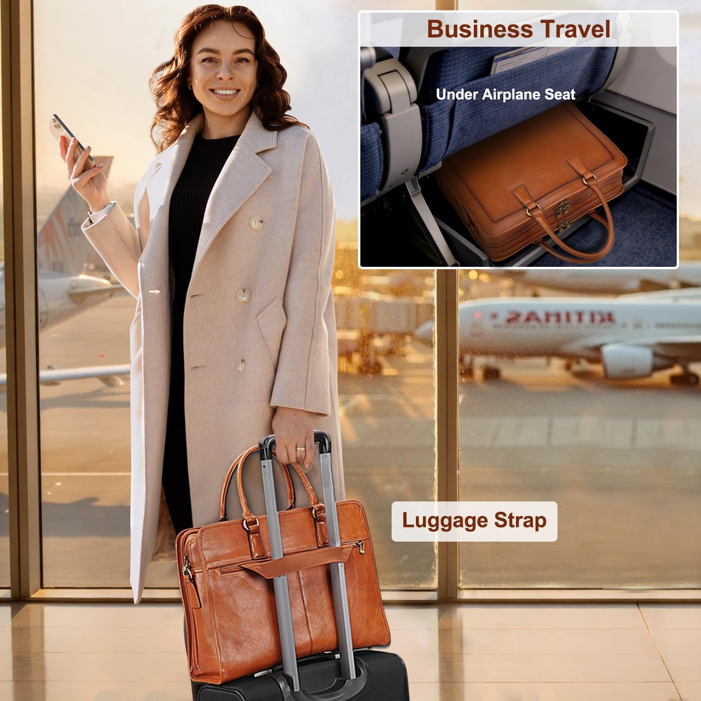 Banuce Premium Italian Full Grain Leather Briefcase for Women 15.6 Inch Laptop Bag Office Work Business Travel with Luggage Strap and Detachable Shoulder Strap Brown