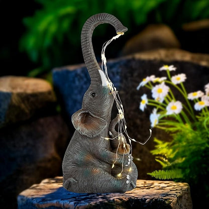 Elephant Statue with Solar Watering Lights, Outdoor Garden Decor for Patio, Yard, Lawn, Unique Gifts for Women, Mom – Resin Elephant Sculpture (Dark Grey Two Elephants)