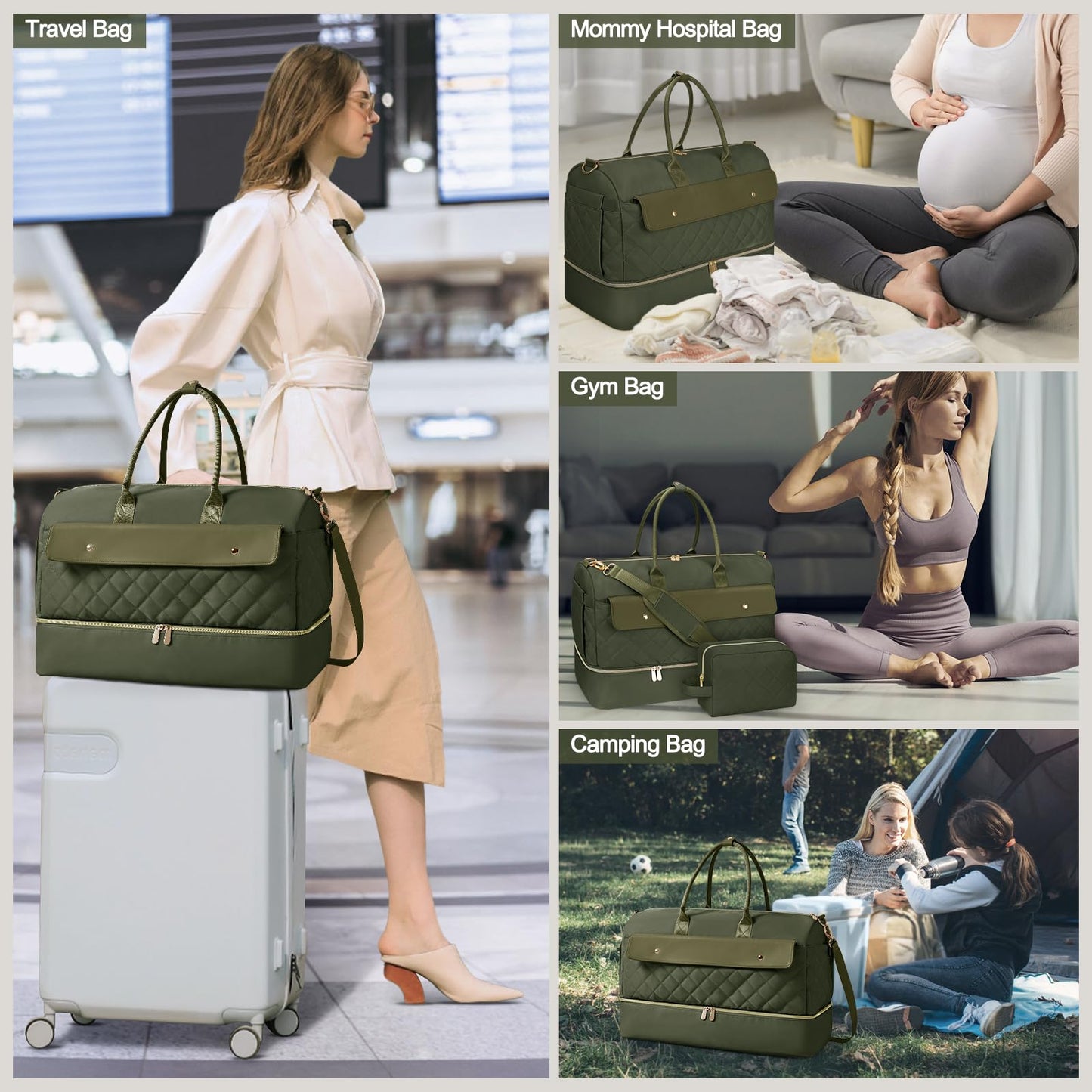 Wedama Travel Duffel Bag, Large Weekender Bag for Women with Shoe Compartment, Carry on Overnight with Toiletry Makeup Bag for Travel Gym Camping Hospital, Green