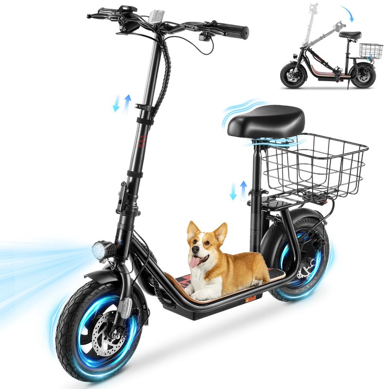 Caroma Peak 1200W Electric Scooter with Seat, 30 Miles Max Range, Electric Scooter Adults, Up to 20MPH Foldable Escooter with Basket,Key Start Adjustable E-Scooter,Classic White