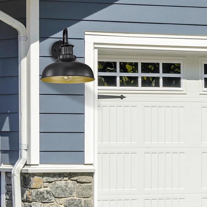 Dusk to Dawn Outdoor Gooseneck Barn Light, Farmhouse Outdoor Wall Sconce, Rustic Exterior Wall Mount Light, Vintage Outside Lighting Fixture Industrial Black Lantern for Porch Garage Shed,1 Pack