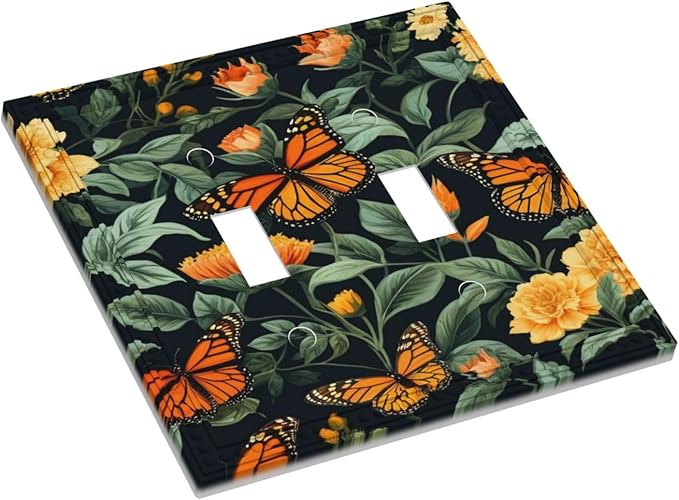 Butterflies Flower Garden Light Switch Covers Double Toggle 2 Gang Wall Plate Dual Decorative Switchplate Electrical Faceplate for Farmhouse Decor