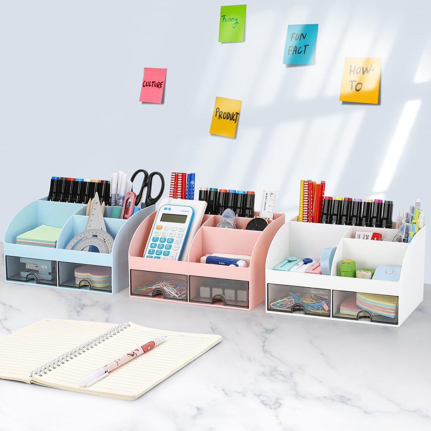 Office Desk Organizer with Drawers for Desktop/Tabletop/Counter, Desk Top Accessories Stationary Organizer Desk Caddy, Pen/Pencil/Business Card/Sticky Note Tray/Paperclip Holder Storage Box (Blue)