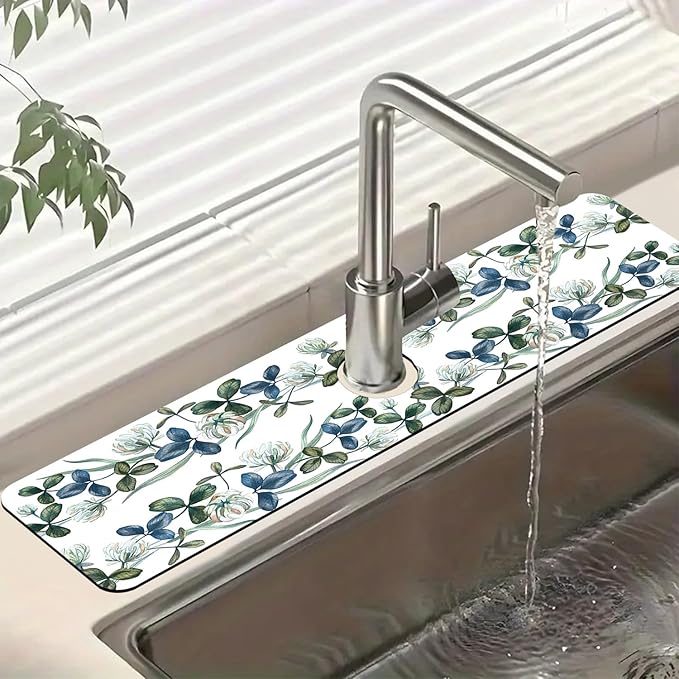 Watercolor Garland Flower Kitchen Sink Splash Guard Faucet Mat Clover Leaves