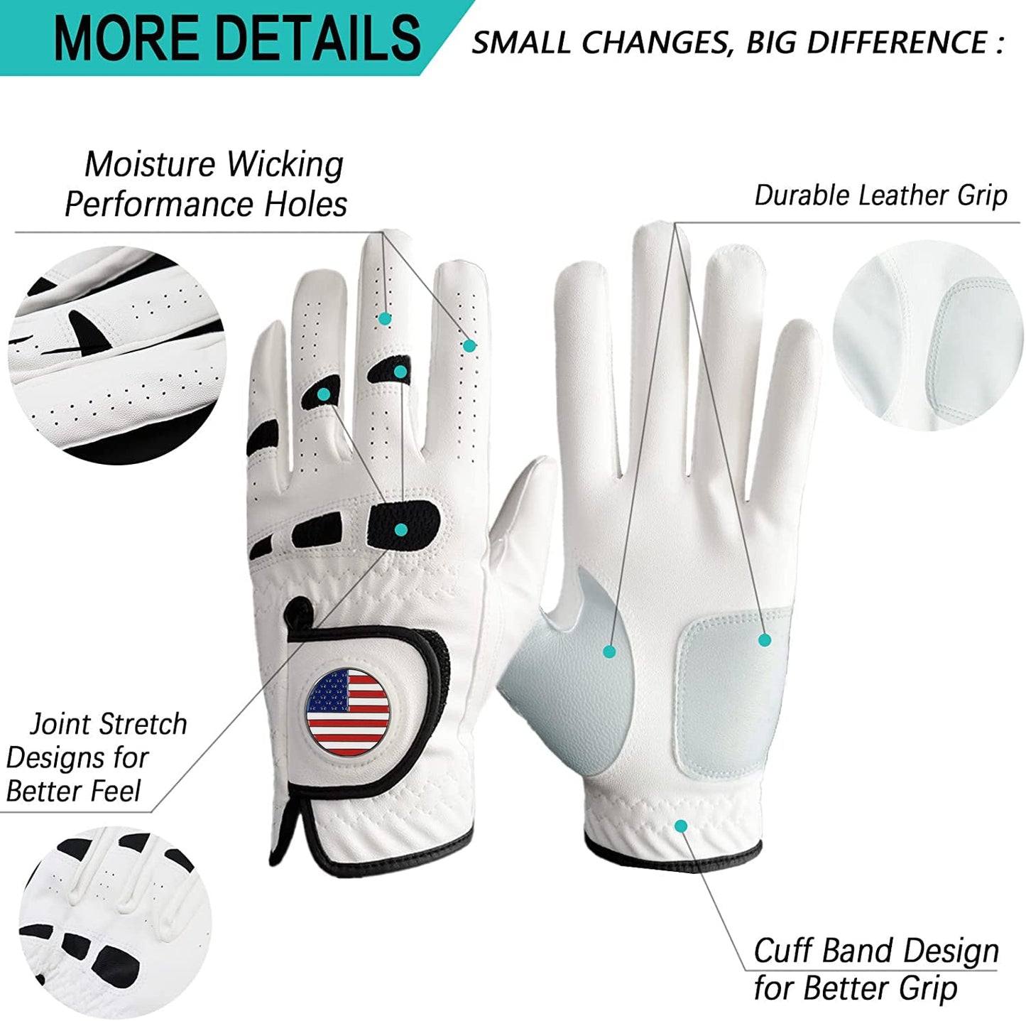 Amy Sport Golf Gloves Men Left Hand Right Handed Golfer 3 Pack with Ball Marker Soft Leather Weathersof Grip Mens Glove Size S M ML L XL XXL 3XL (3 Pack-White, Large, Worn on Left Hand)
