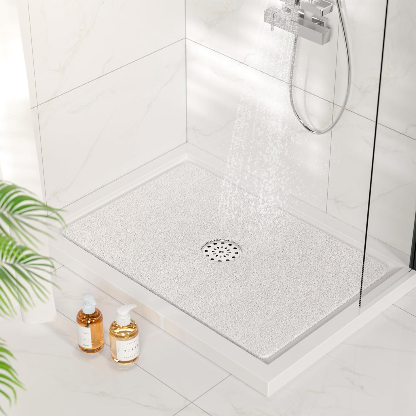 HITSLAM Shower Mat with Center Drain Hole, 24 x 16 Inch Non Slip Bath Mat for Textured Tub, Soft Loofah-Style Bathtub Mat Without Suction Cup, Quick Drying Stall Floor Mat, Bathroom Accessories, White