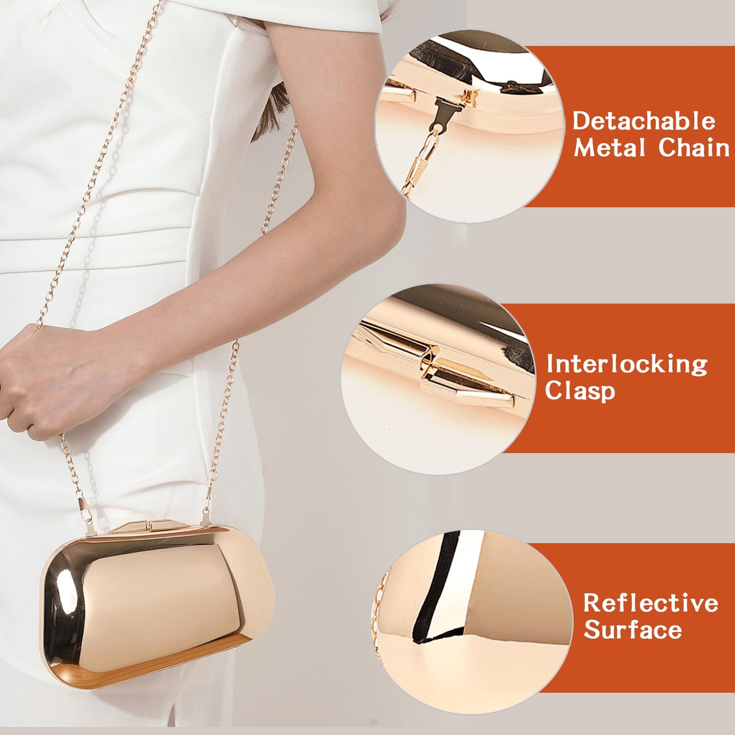Buric Clutch Purse for Women Metallic Evening Bag Acrylic Shell Handbag With Chain for Wedding Party Prom Gold