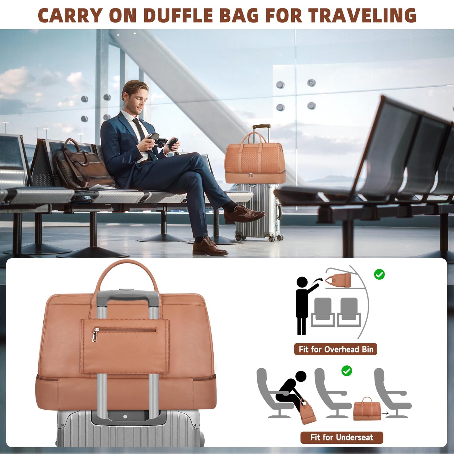 Bolosta Travel Duffle Bag for Men Women, PU Leather Duffel Bag for Traveling, Large Carry on Weekender Overnight Bag with Shoe Compartment, Perfect for Travel/Daily Use