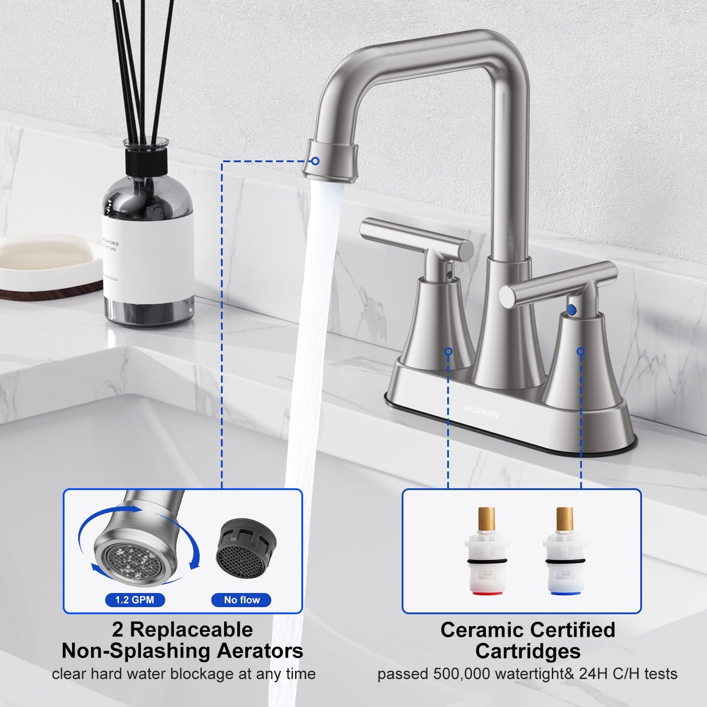 Hurran Brushed Nickel 4 inch Centerset Bathroom Faucet for Sink 2-3 Hole