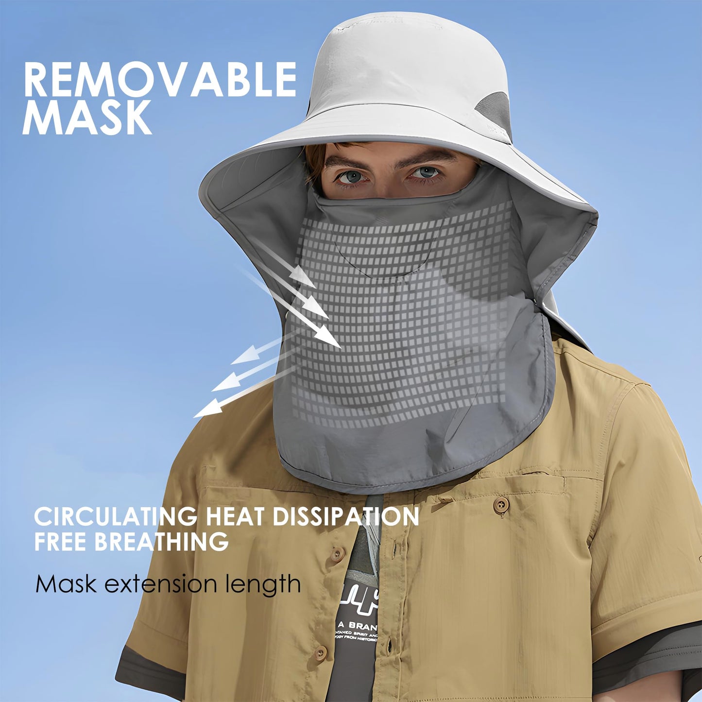 Outdoor Sun Hat Detachable Neck Face Flap UPF 50+UV Protection Visor Fishing Hats with Neck Flap for Men & Women Light Grey