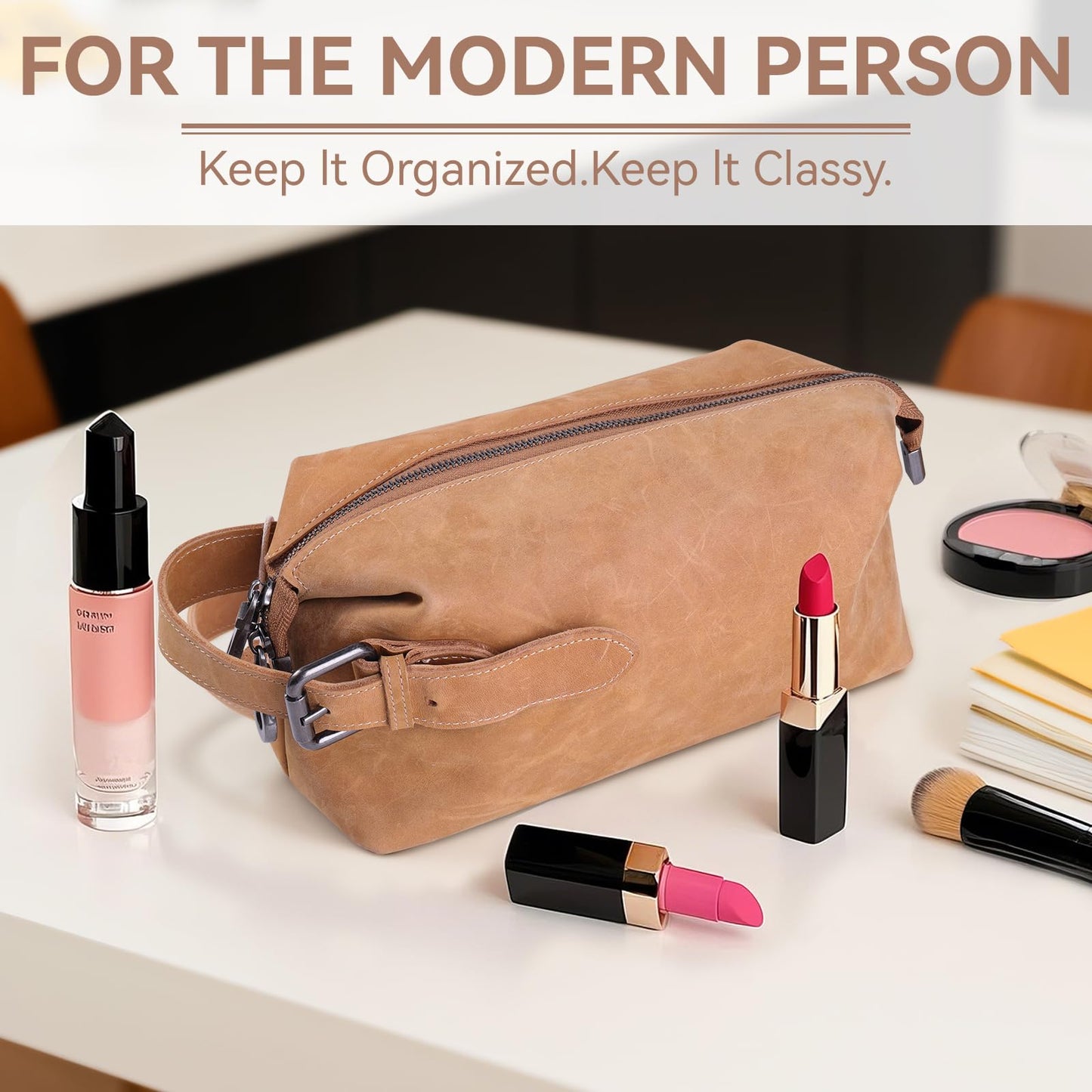 MCKDERWRILL Multi-functional Leather Travel Toiletry Bag - Full-grain leather Water-Resistant Travel, Shaving & Cosmetic Organizer for Men & Women - Compact Bathroom Essentials (Brown)