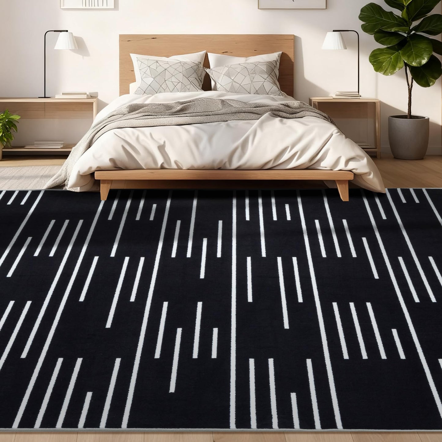 YIHOUSE Abstract Washable Rug 5x7,Ultra Thin Non Slip Black Rugs for Living Room,Modern Minimalist White Stripe Rugs for Bedroom,Dining Room Office Playroom (5'x7',Black-3)